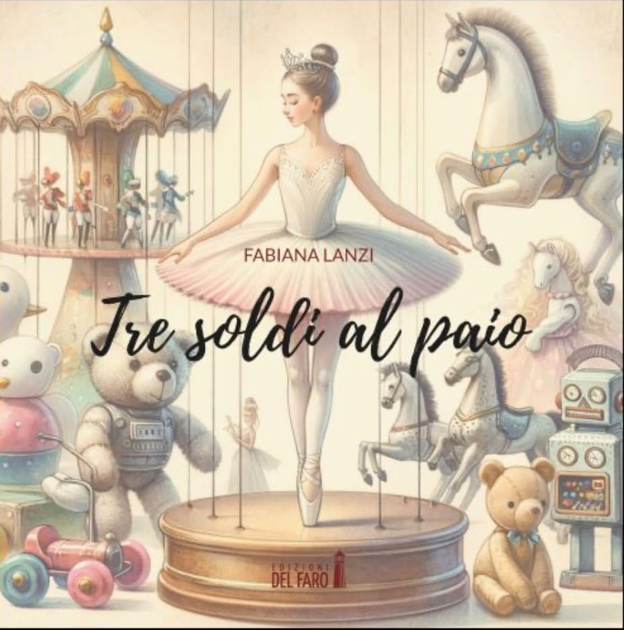 Copertina di Tre soldi al paio di Fabiana Lanzi: la ballerina del carillon in punta di piedi, fra cavallini, orsetti e una giostra